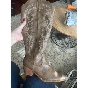 Women Western Cowboy Boots Knee High Pointed Toe Cowgirl Boots With Zipper FZ307